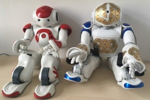Two Naos. On right: Nao with tactile sensors, robotic skin removed